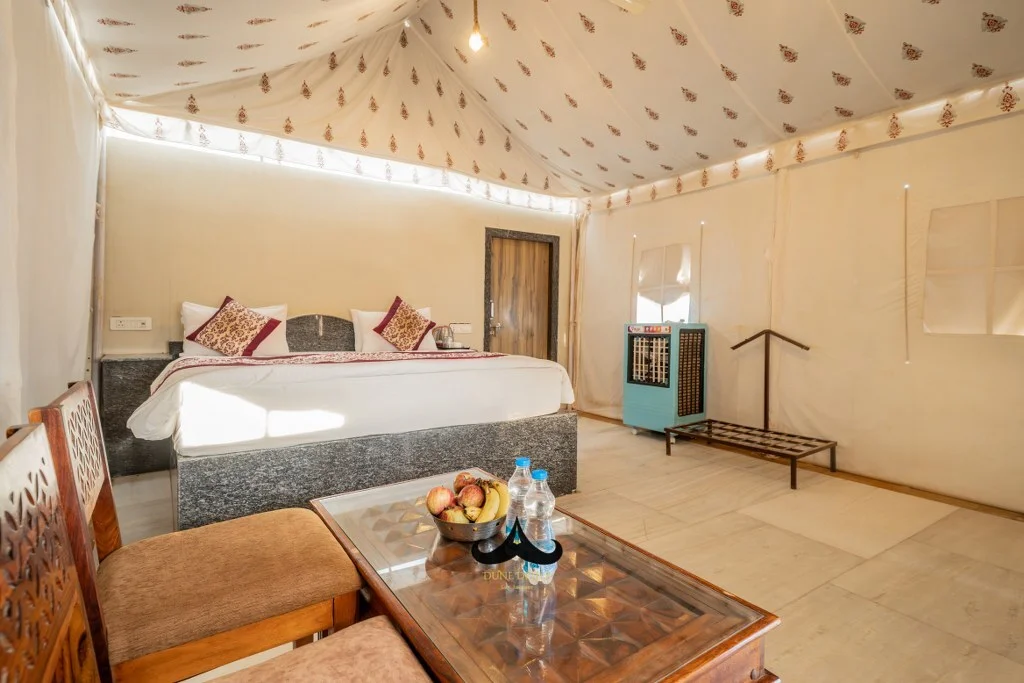 AC luxury Swiss tent interior at Ram Holidays desert camp Jaisalmer